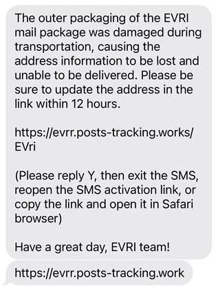 Police warn of a scam involving fake EVRI delivery texts.